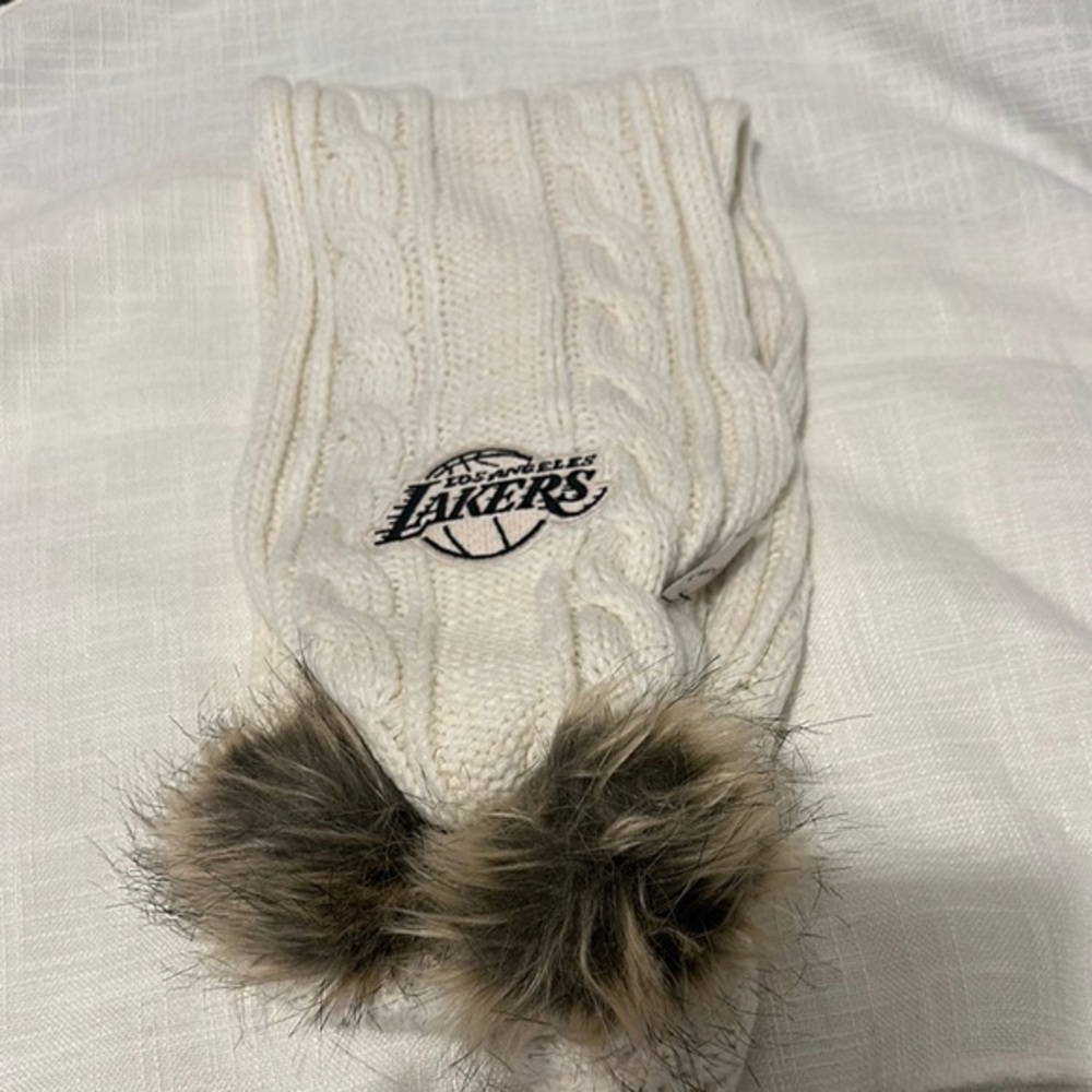Cream Cable Knit Scarf with Faux Fur Pom Poms